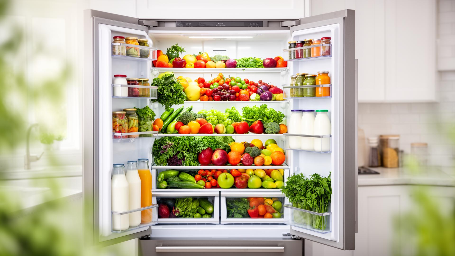 A beautifully organized open fridge filled with fresh, colorful groceries